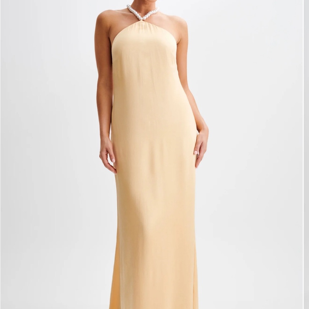 NWT meshki gold satin maxi with pearl detail